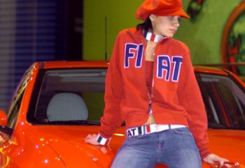 This model, at the Bologna Motor Show this week, is showcasing Fiat's popular new range of own-brand designer clothing