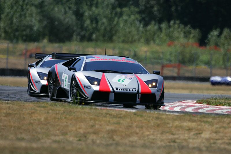 The Krohn-Barbour Racing Lamborghini Murcielago R-GT racers during Friday practice at Portland