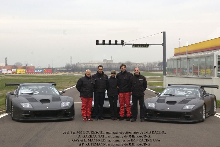 JMB Racing team principals with the three Ferrari 575GTC cars they plan to use this season.