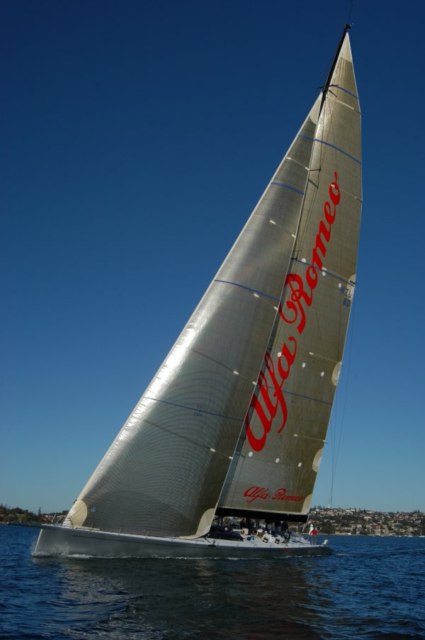 Following her launch on Tuesday 19 July 2005, Kiwi super maxi 'Alfa Romeo' set her sails for the first time, tested her canting keel and bettered 19 knots in a light breeze during a highly successful maiden voyage around Sydney Harbour on Friday 22 July 2005