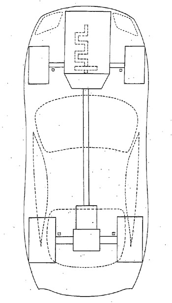 An official Ferrari drawing, indicating the basic elements of the new AWD system