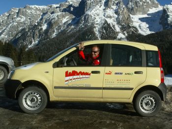 At Wroom 2005 today, Rubens Barrichello got to grips with one of the fleet of Fiat Panda 4x4 cars provided to ferry the Ferrari drivers and staff around the Alpine ski resort