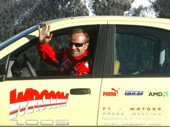 At Wroom 2005 today, Rubens Barrichello got to grips with one of the fleet of Fiat Panda 4x4 cars provided to ferry the Ferrari drivers and staff around the Alpine ski resort
