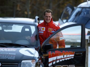At Wroom 2005 today Michael Schumacher took to the wheel of one of the fleet of Fiat Panda 4x4 cars provided to ferry the Ferrari drivers and staff around the Alpine ski resort