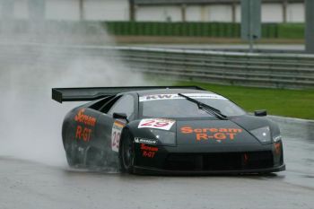 Peter Kox and Oliver Gavin on their way to a podium finish in the Reiter Lamborghini Murcielago R-GT at Valencia last year