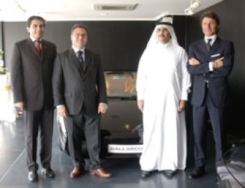 Stephan Winkelmann, Sheikh Abdulrahman al-Thani, Saher Baaj and Enrico Maffeo during the inauguration of the new Lamborghini showroom in Doha on Monday.