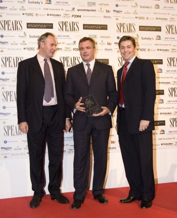 Maserati GBs Managing Director Andrea Antonnicola receives the Award for Best Luxury Brand from Spears Editor William Cash (left), and CNBC anchor Ross Westgate (right).