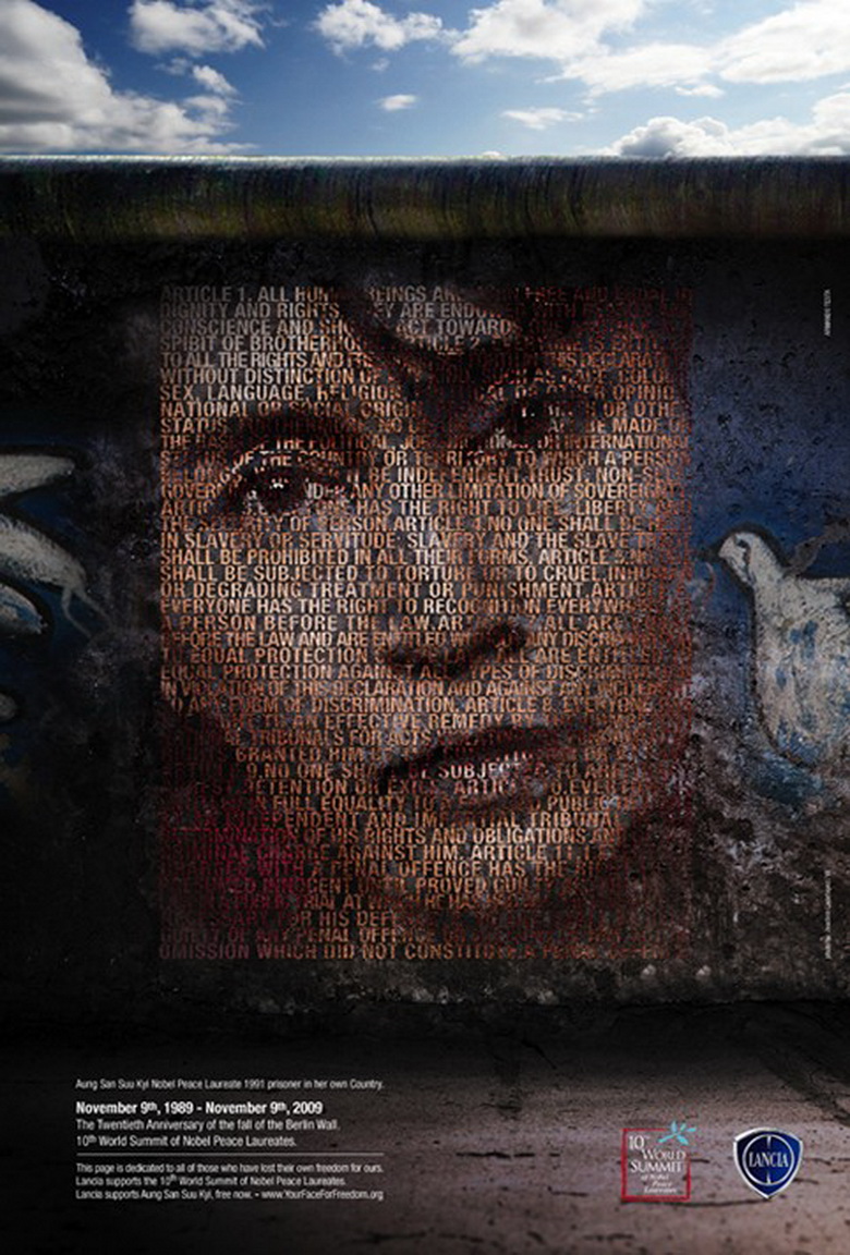 Lancia, the main sponsor of the 10th World Summit of Nobel Peace Laureates, taking place in Berlin this week has dedicated a film to Aung San Suu Kyi. The main theme of the Summit this year is "Knocking down new walls and building bridges for a world without violence". 