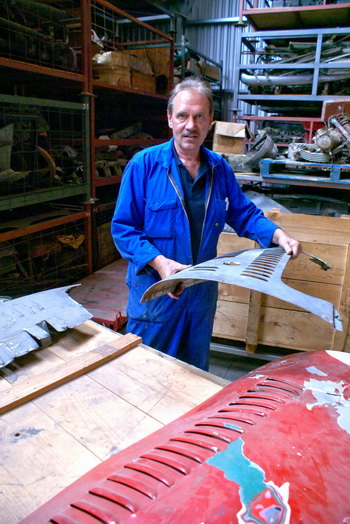 Southwards Museum restorations manager John Bellamore with the Maserati’s engine covers. The car has undergone a massive restoration to bring it back to racing strength.