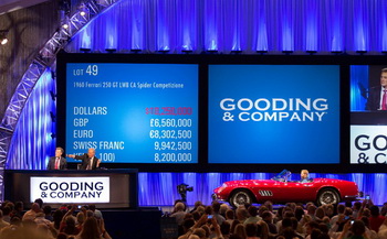 The record-breaking 1960 Ferrari 250 GT LWB California Spider Competizione sold for $11,275,000 at Gooding & Company's 2012 Pebble Beach Auctions. Image copyright and courtesy of Gooding & Company. Photo by Mike Maez.
