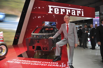 The Ferrari display in Paris is showcasing its new and advanced supercar destined carbon fibre chassis as well as the five sports cars that make up the current range, each of which represents the present generation of its 8- and 12-cylinder models. 