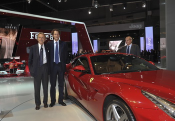 The Ferrari display in Paris is showcasing its new and advanced supercar destined carbon fibre chassis as well as the five sports cars that make up the current range, each of which represents the present generation of its 8- and 12-cylinder models. 