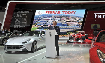 The Ferrari display in Paris is showcasing its new and advanced supercar destined carbon fibre chassis as well as the five sports cars that make up the current range, each of which represents the present generation of its 8- and 12-cylinder models. 