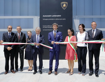 From left to right: Ranieri Niccoli, Industrial Director Automobili Lamborghini  Maurizio Reggiani, Research and Development Director Automobili Lamborghini  Elisabetta Margiacchi, Vice Prefect of Bologna  Corrado Clini, Minister of the Environment, Land and Sea  Stephan Winkelmann, President and CEO Automobili Lamborghini  Daniela Occhiali, Mayor of SantAgata Bolognese  Paola Gazzolo, Regional Councillor for Territorial Security of Emilia-Romagna  Raffaello Porro, Communications and External Relations Director Automobili Lamborghini.