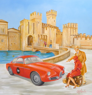 Paolo Golinelli created for Scuderia Sports a special painting of Sirmione and the Alfa Romeo 1900 CSSZ.  The artist wanted to let the viewer transport themselves back to the 1950s, when the Alfa Romeo 1900 was built, and share the sheer fascination that the Milanese special bodywork held and still holds today. 