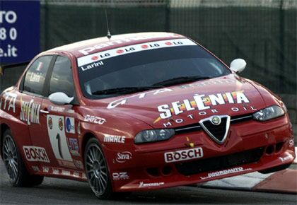 Nicola Larini on the edge in his Alfa Romeo 156GTA SuperTouring yesterday at the 2002 Bologna Motor Show