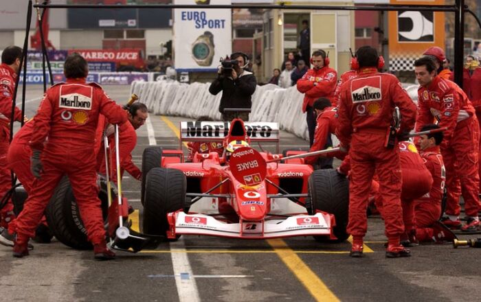 Track action with the Ferrari F2002 at the Bologna Motor Show