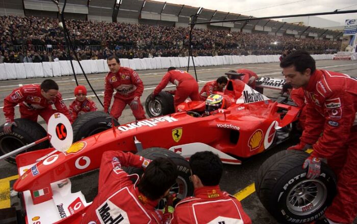Track action with the Ferrari F2002 at the Bologna Motor Show