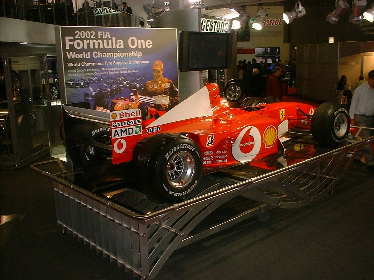 Ferrari F2002 F1 car on the Bridgestone tyres stand at the 2003 Geneva Motor Show