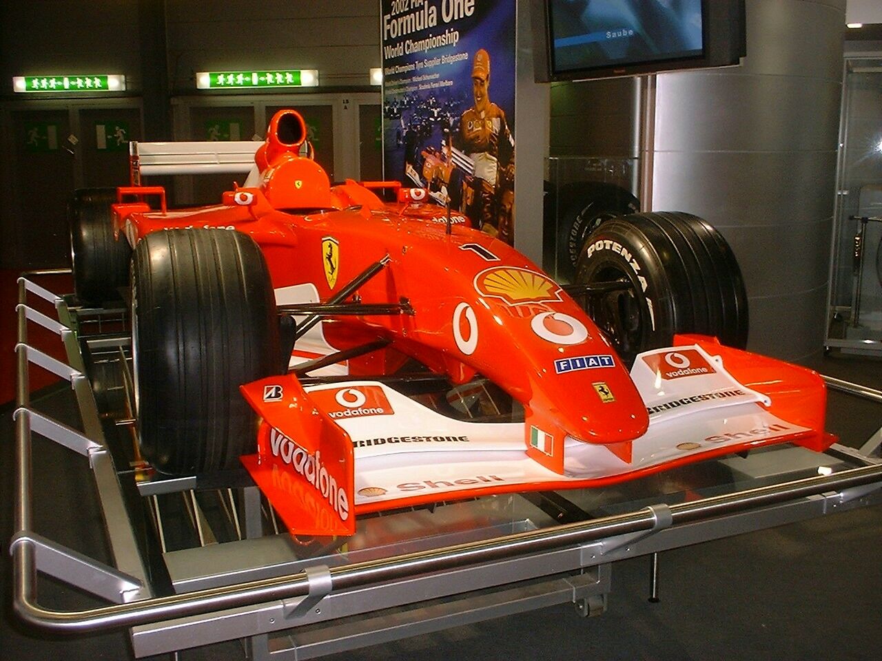 Ferrari F2002 F1 car on the Bridgestone tyres stand at the 2003 Geneva Motor Show