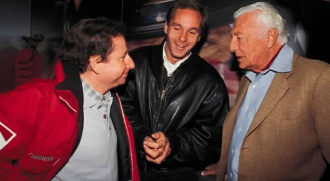 Gianni Agnelli with Ferrari Sporting Director Jean Todt and ex-driver Gerhard Berger