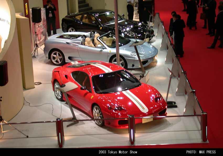Ferrari Challenge Stradale, 360 Spider & 575M Maranello at the 2003 Tokyo Motor Show. Photo: Max Press.