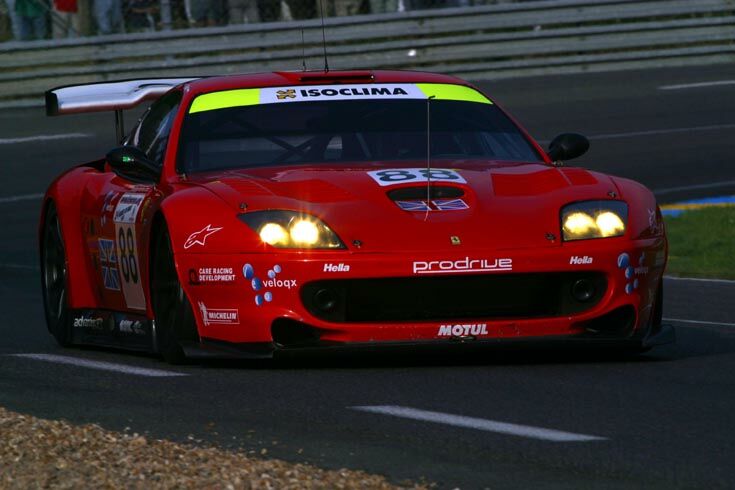 the no88 Veloqx Prodrive Ferrari 550 on its way to GTS class victory in the 2003 Le Mans 24 Hours, giving the Ferrari marque its first GT class victory at the race since 1974