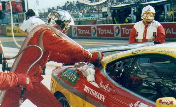 JMB Racing's GT-class Ferrari 360 Modena refuels in the pits