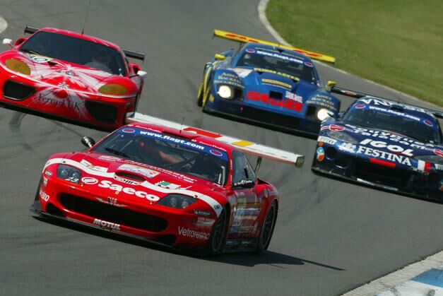 Thomas Biagi and Matteo Bobbi on their way to a fifth consecutive FIA GT win at Donington Park