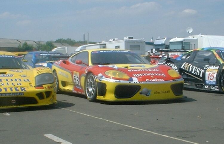 JMB Racing's no53 Ferrari 360 Modena in the paddock at Donington Park