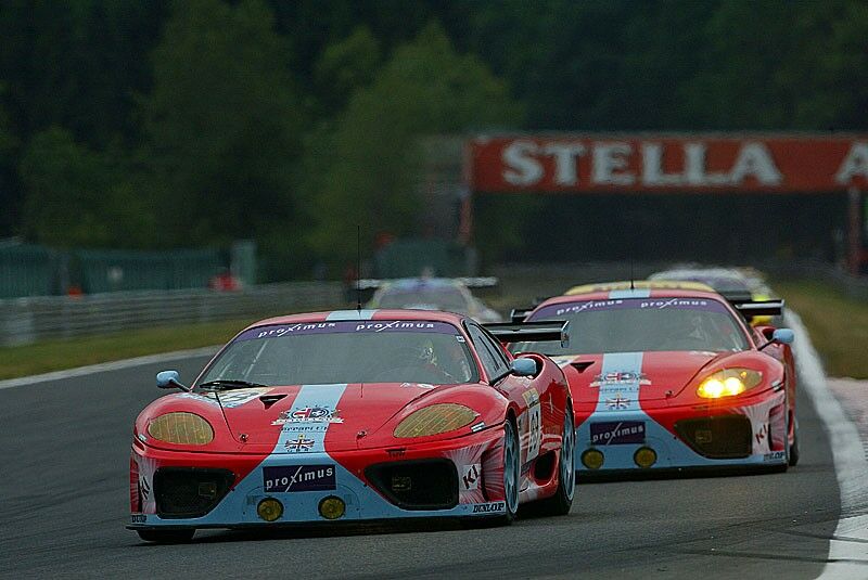 early race action: the no89 TMC Ferrari 360 Modena leads its sister car