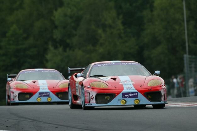 early race action from the Team Maranello Concessionaires Ferrari 360 Modena cars