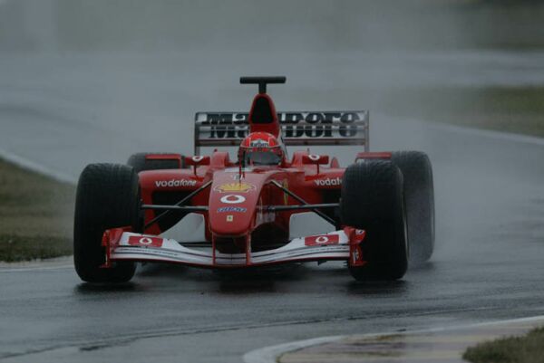 Initial testing of the new F2002 by Michael Schumacher was hampered by poor weather conditions