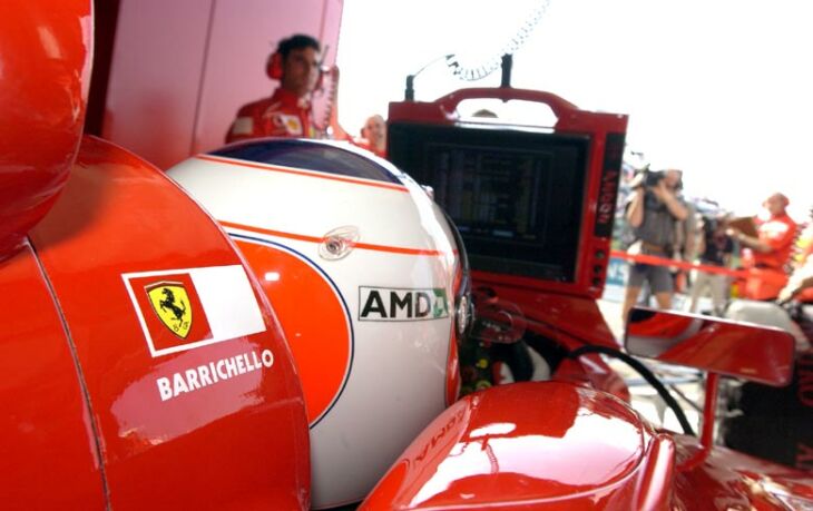 Rubens Barrichello sits in his pit garage during qualifying