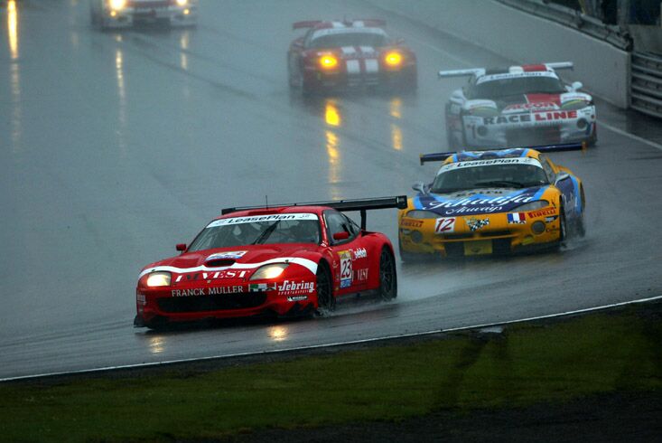 Ferrari 550 Maranello following the safety car during the rain soaked first hour of the Anderstorp GT race