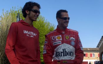Valentino Rossi joined Scuderia Ferrari's Michael Schumacher on track during a test session held the team's private race circuit, Fiorano, this April